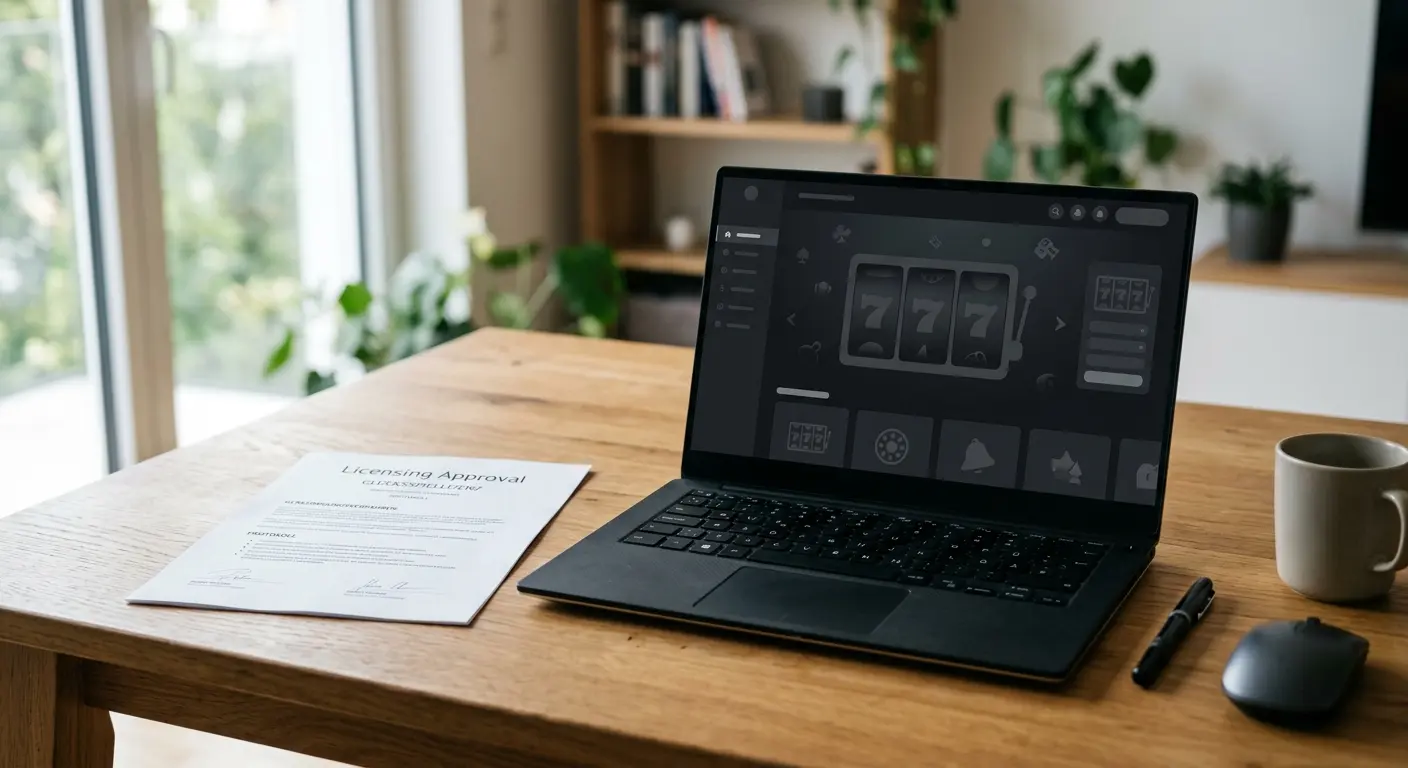 Beste Online Casinos ohne Lizenz 2026 – neutrale Lizenzdokumente auf Schreibtisch neben Laptop