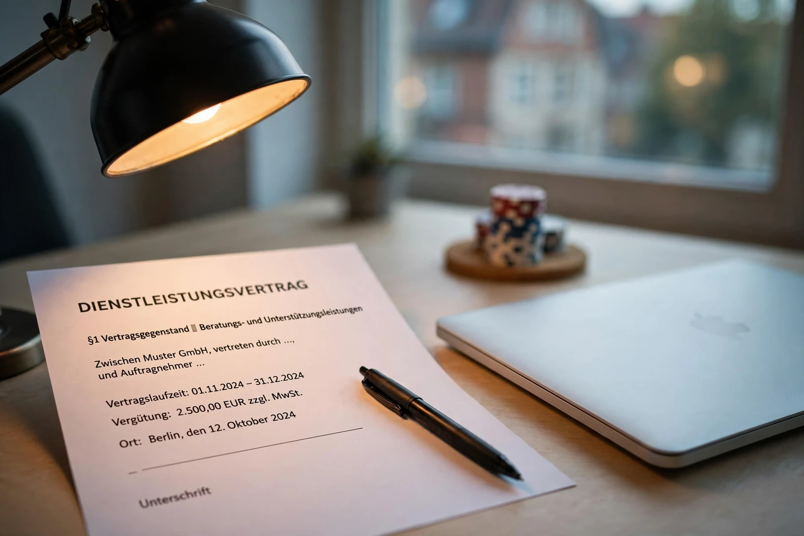 Vertrag auf Schreibtisch mit Stift und geschlossenem Laptop