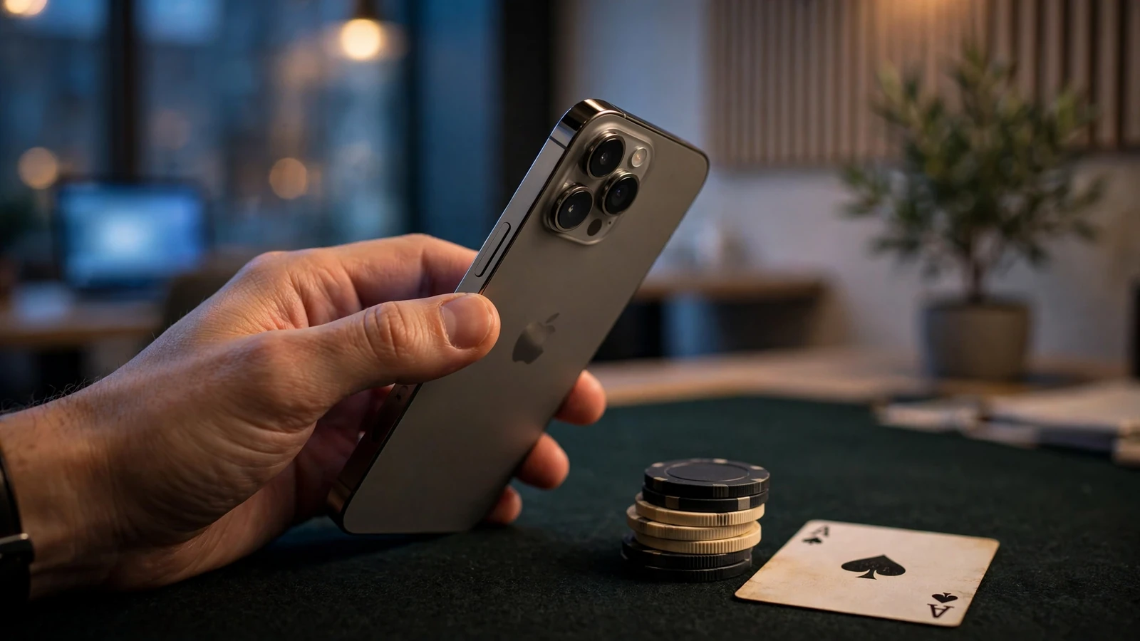 Hand hält iPhone über Casino-Tisch mit Chips und Karte
