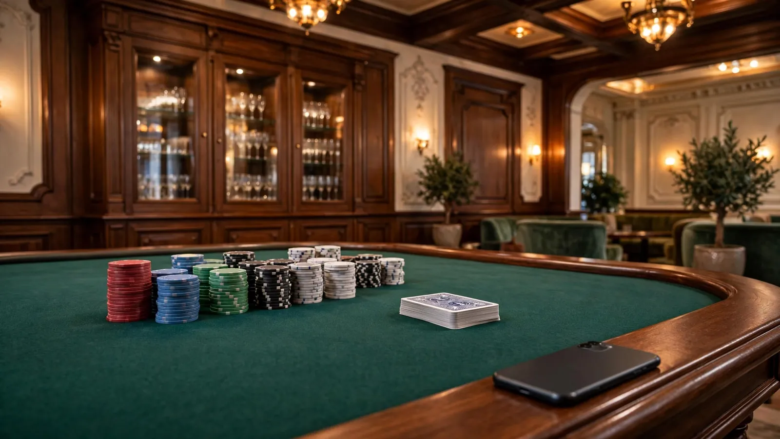 Leerer Spieltisch mit gestapelten Pokerchips und Karten im modernen Casino-Ambiente