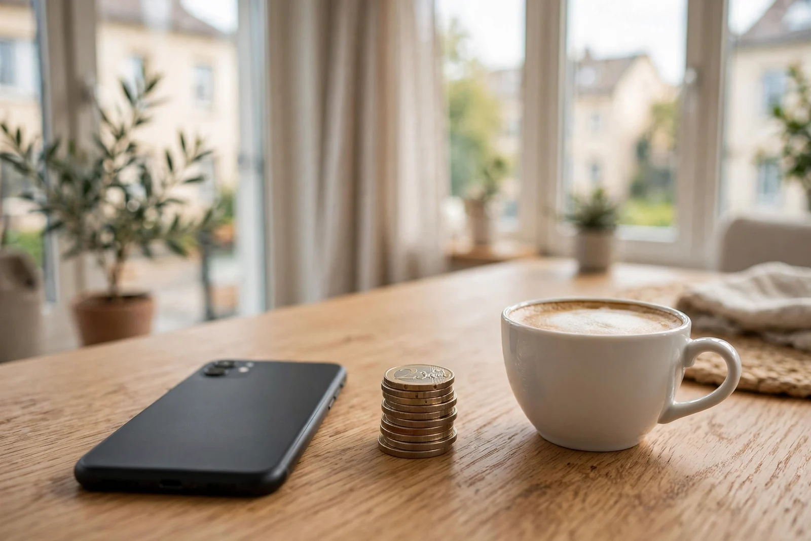 Smartphone mit Kaffeetasse und Euromünzen auf Holztisch in moderner Wohnung