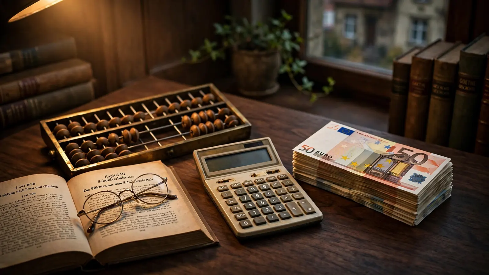 Euro-Scheine, Taschenrechner und Buch auf Schreibtisch