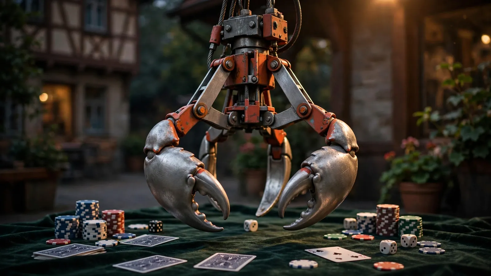 Mechanischer Greifarm in Krabbenoptik über Casino-Chips und Spielkarten auf Samt